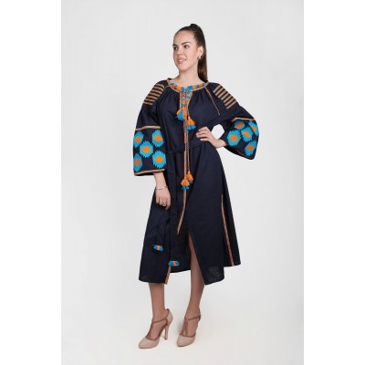 Boho Style Ukrainian Embroidered Midi Broad Dress "Rhombs New" with Orange/Blue Embroidery